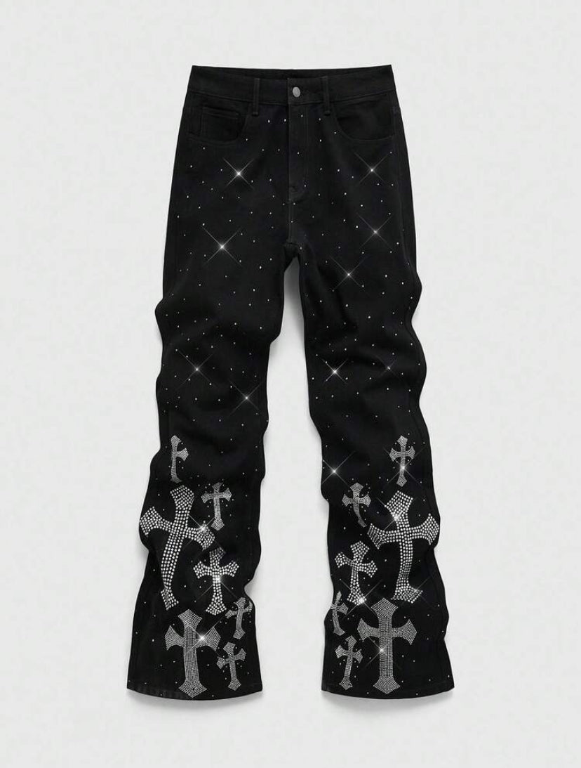 ROMWE MEN Street Life
Spring Casual Graphic Men'S Fashion Street Style Rhinestone Cross Graphic Slant Pocket Denim Jeans